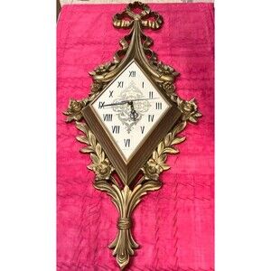 Vintage Syroco Wall clock #1050 Bow on top floral Hollywood Regency MCM